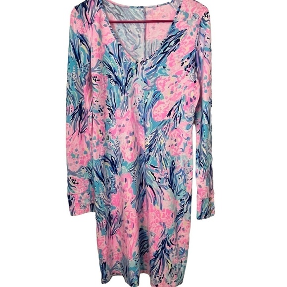 Lilly Pulitzer Davie Pink Blue Printed V-Neck Shift Dress Coastal Resortwear S - Picture 3 of 11